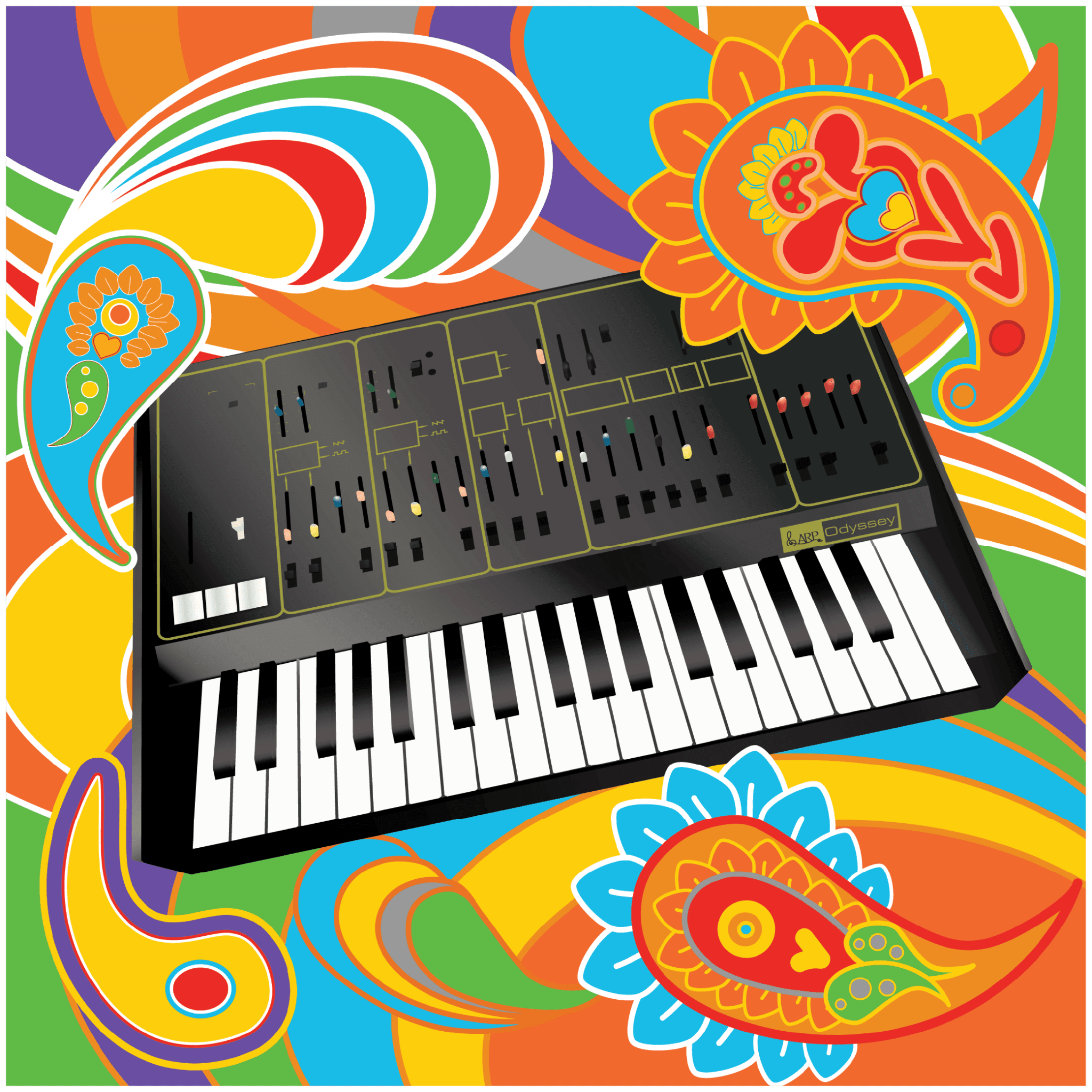 arp odyssey with paisley print illustration